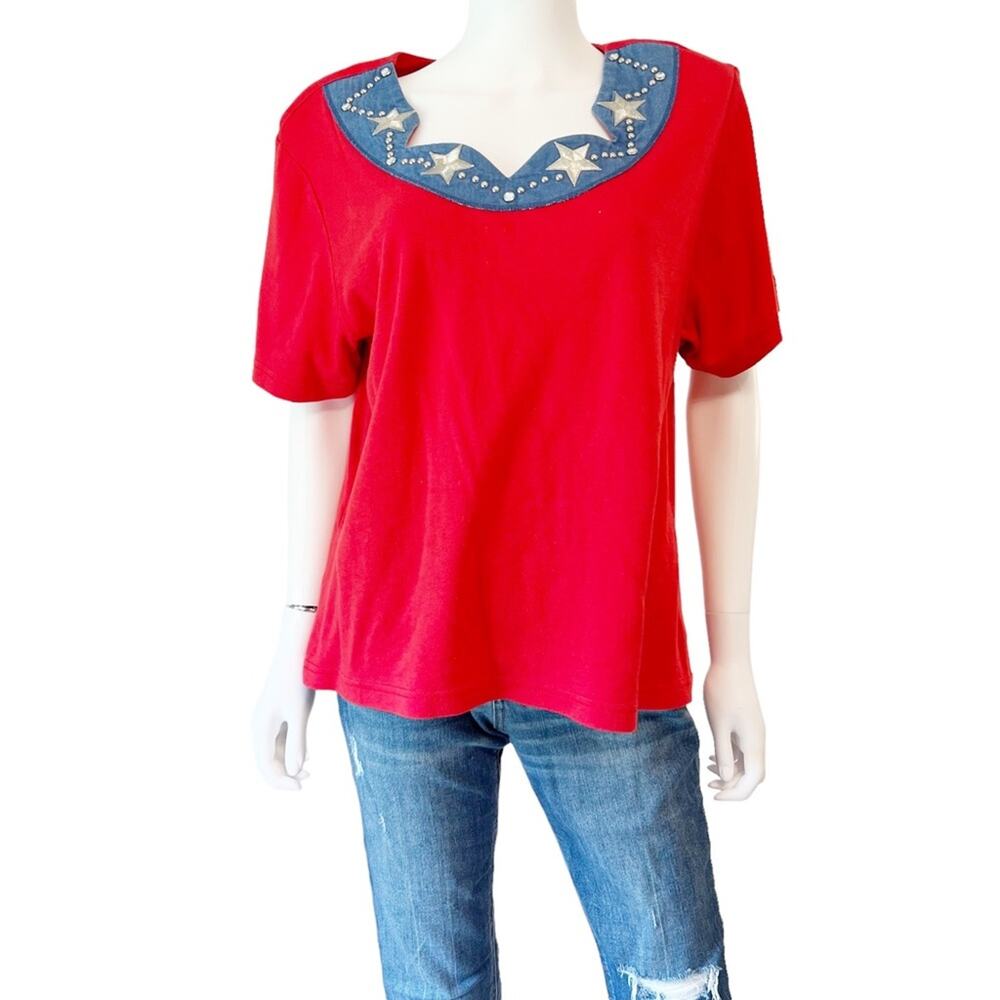 VINTAGE 80s Gepetto Red Denim Silver Star Studded T-Shirt Top, Large